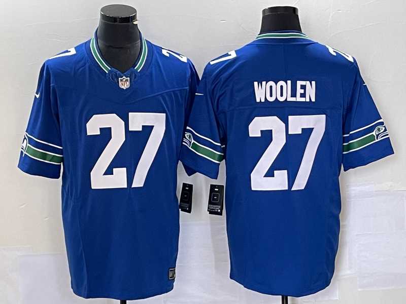 Men%27s Seattle Seahawks #27 Tariq Woolen Blue 2023 FUSE Vapor Limited Throwback Stitched Jersey